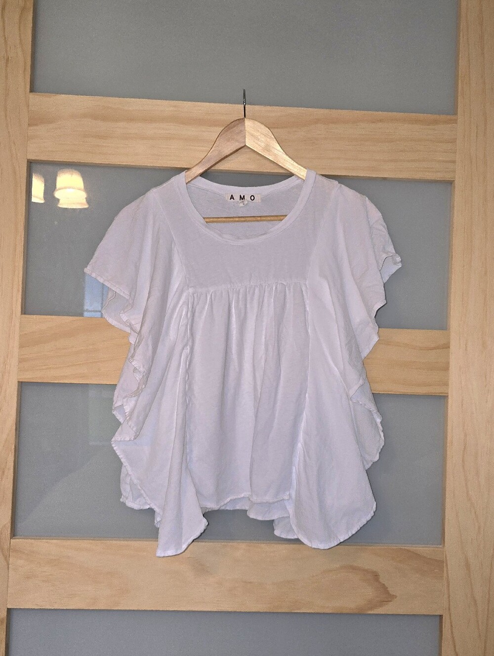 AMO White Flutter Sleeve Ruffle Blouse 100% Cotton